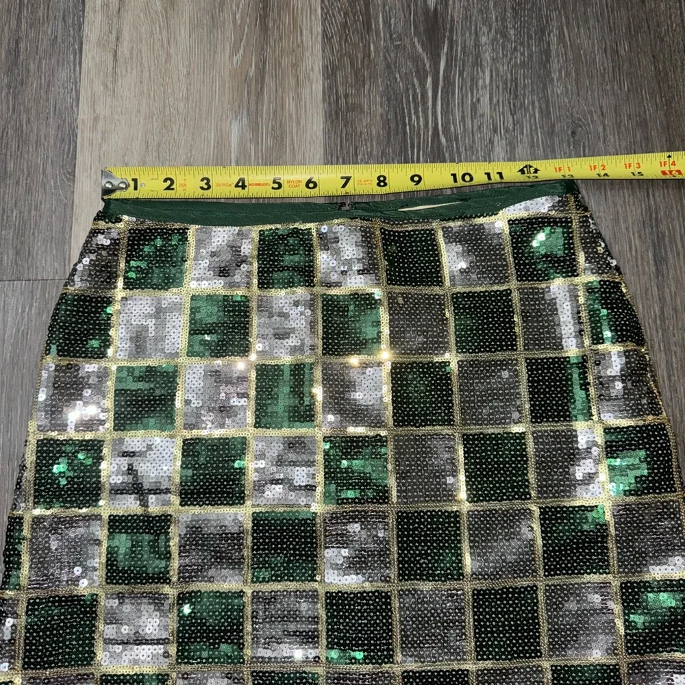 Judith March Green & Silver Checked Print Sequined Mini Skirt - Size Small